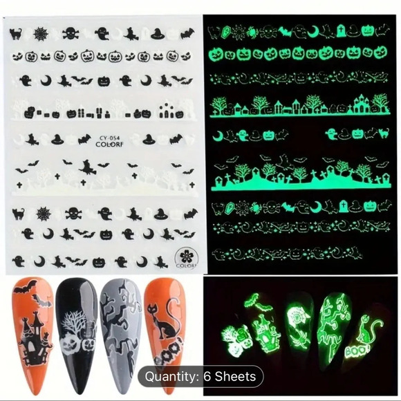 6pcs Glow-In-The-Dark Halloween Nail Art Stickers - Self-Adhesive, Reusa… - Picture 6 of 9